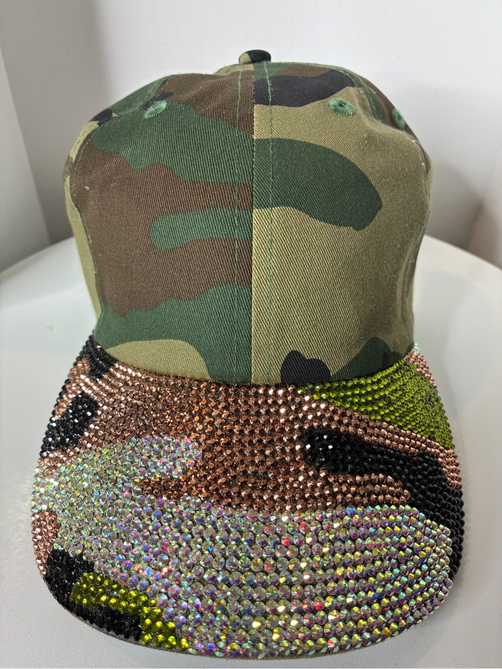 Custom Women Camouflage Rhinestone  Cap - Green